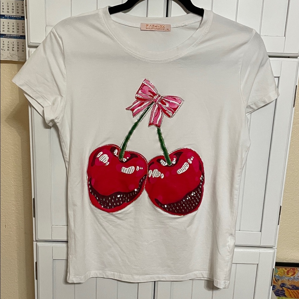 Cherry Embellished White Tee